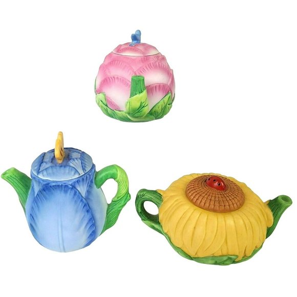 Vintage Set (3) Mini Teapot Set Seasons Flower Spring Sunflower Peony Tulip - Picture 2 of 14